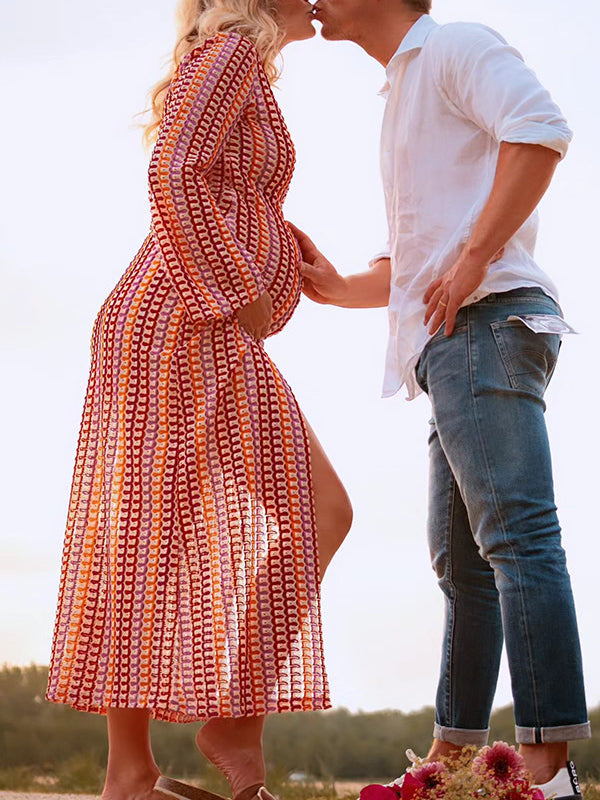 Momsmood Hollow Lace V-Neck Bodycon Flare Sleeve Hit Color Colorful Bodycon Vacation Gown Photoshoot Maternity Maxi Dress