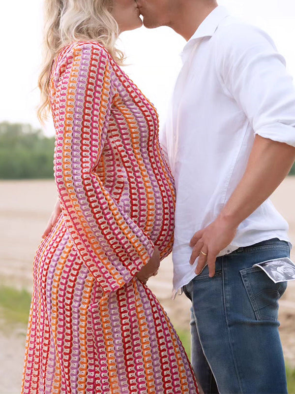 Momsmood Hollow Lace V-Neck Bodycon Flare Sleeve Hit Color Colorful Bodycon Vacation Gown Photoshoot Maternity Maxi Dress