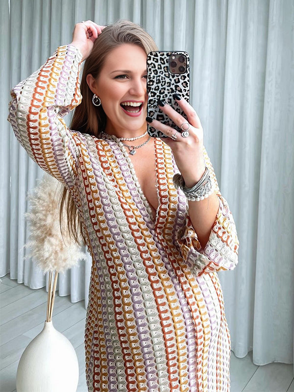 Momsmood Hollow Lace V-Neck Bodycon Flare Sleeve Hit Color Colorful Bodycon Vacation Gown Photoshoot Maternity Maxi Dress
