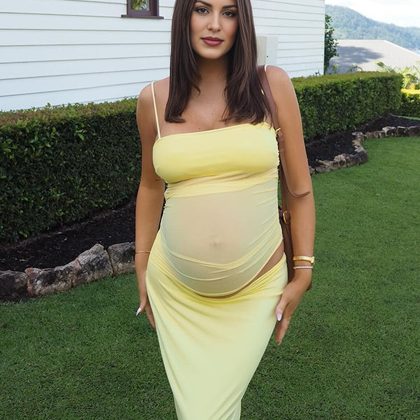 Momsmood Yellow 2-in-1 Sheer Mermaid Bodycon Fashion Vacation Party Photoshoot Baby Shower Maternity Maxi Dress