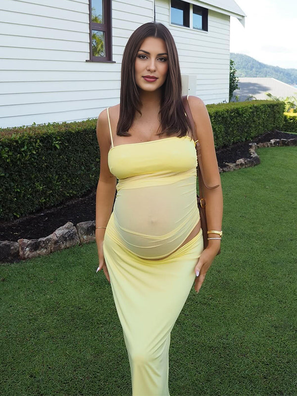 Momsmood Yellow 2-in-1 Sheer Mermaid Bodycon Fashion Vacation Party Photoshoot Baby Shower Maternity Maxi Dress