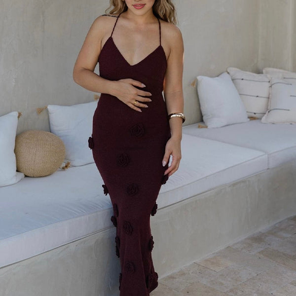 Momsmood Brown Halter Neck Backless 3D Flowers Crochet Mermaid Bodycon Elegant Photoshoot Baby Shower Maternity Maxi Dress