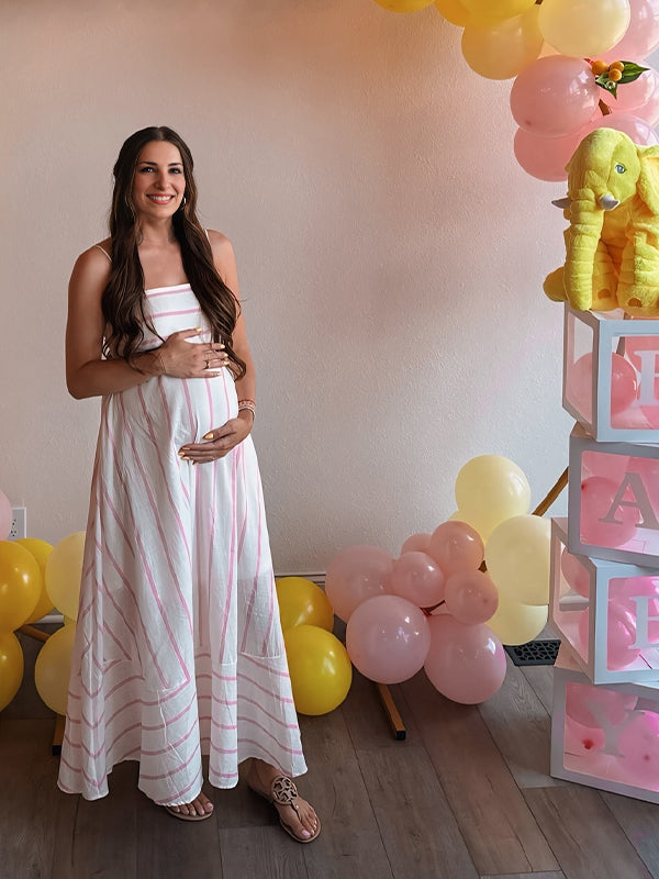 Momsmood Pink Striped Spaghetti Strap Flowy Cute Photoshoot Baby Shower Maternity Maxi Dress