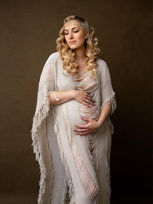 Momsmood Beige Cut Out Sheer Tassel Beach Elegant Fashion Photoshoot Maternity Maxi Dress