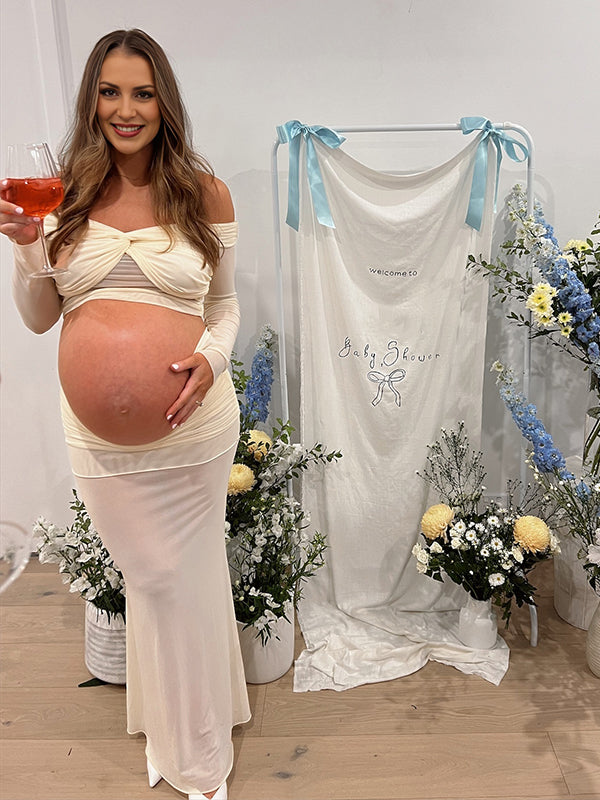 Momsmood Ivory White Mesh Sheer Two Piece Set Off Shoulder Cross Chest Crop Top And Ruched Maxi Skirt Chic Cocktail Party Maternity Photoshoot Baby Shower Maxi Dress