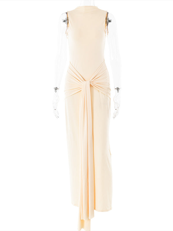 Momsmood Beige Ruched Wrap Draped High Neck Sleeveless Bodycon Chic Going Out Maternity Photoshoot Baby Shower Maxi Dress