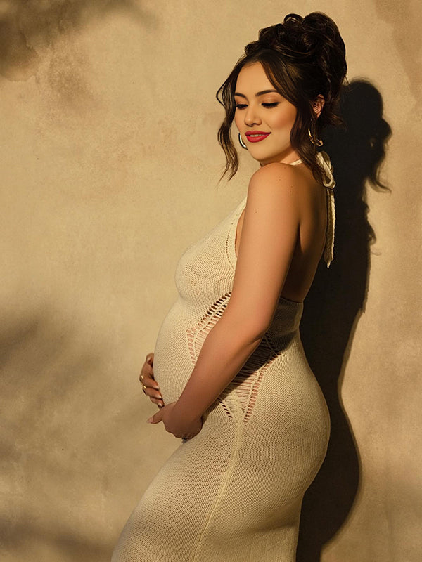 Momsmood Apricot Crochet Hollow Out Halter Neck Backless Bodycon Chic Baby Moon Beach Maternity Photoshoot Baby Shower Maxi Dress