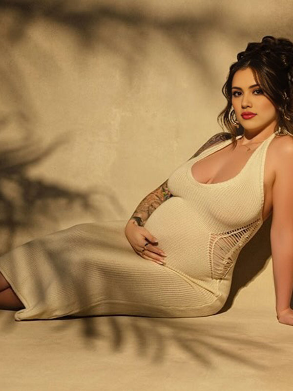 Momsmood Apricot Crochet Hollow Out Halter Neck Backless Bodycon Chic Baby Moon Beach Maternity Photoshoot Baby Shower Maxi Dress