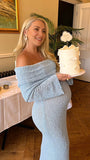 Momsmood Blue Knitted Off Shoulder Bodycon Crochet Flare Sleeve Elegant Baby Moon Beach Vacation Maternity Photoshoot Baby Shower Maxi Dress