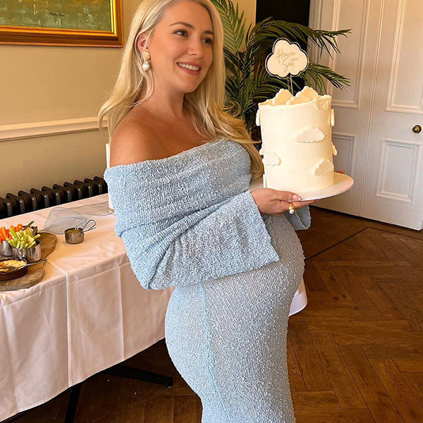 Momsmood Blue Knitted Off Shoulder Bodycon Crochet Flare Sleeve Elegant Baby Moon Beach Vacation Maternity Photoshoot Baby Shower Maxi Dress
