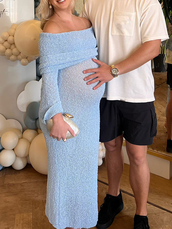 Momsmood Blue Knitted Off Shoulder Bodycon Crochet Flare Sleeve Elegant Baby Moon Beach Vacation Maternity Photoshoot Baby Shower Maxi Dress