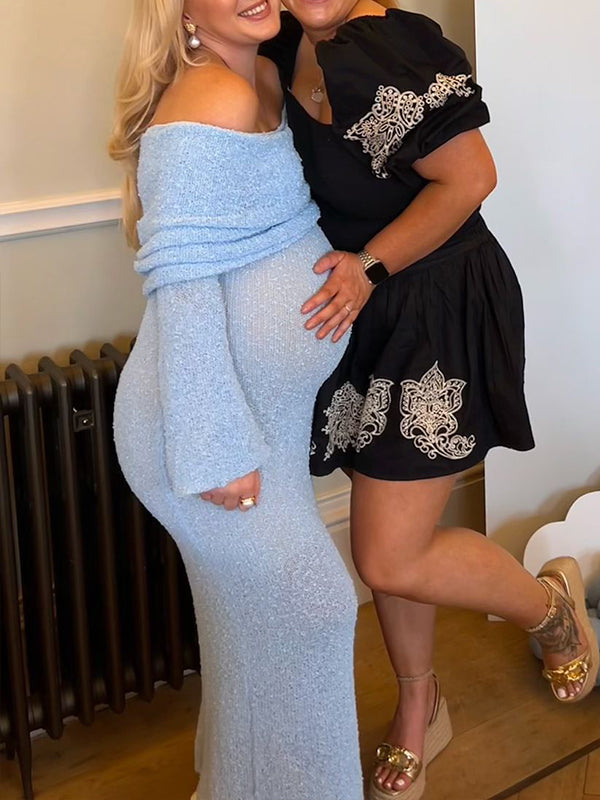 Momsmood Blue Knitted Off Shoulder Bodycon Crochet Flare Sleeve Elegant Baby Moon Beach Vacation Maternity Photoshoot Baby Shower Maxi Dress