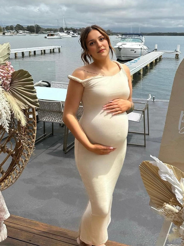 Momsmood Apricot Irregular Side Slit Asymmetric Shoulder Bodycon Elegant Babyshower Dress Photoshoot Maternity Maxi Dress