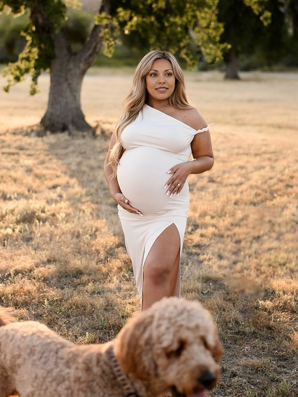 Momsmood Apricot Irregular Side Slit Asymmetric Shoulder Bodycon Elegant Babyshower Dress Photoshoot Maternity Maxi Dress