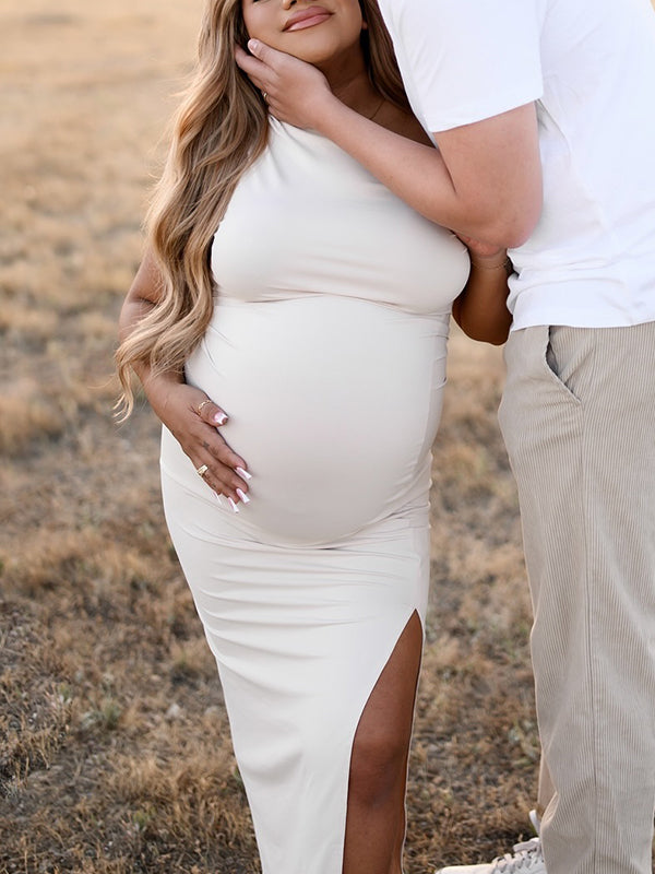 Momsmood Apricot Irregular Side Slit Asymmetric Shoulder Bodycon Elegant Babyshower Dress Photoshoot Maternity Maxi Dress