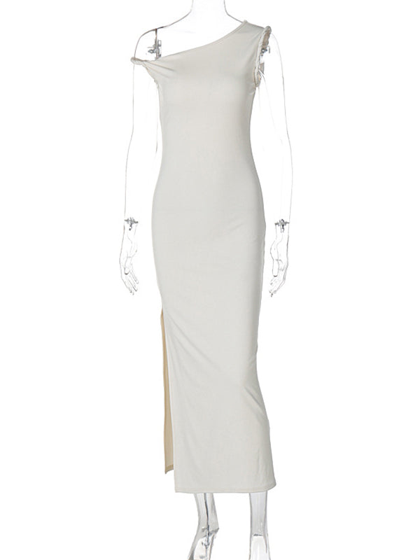 Momsmood Apricot Irregular Side Slit Asymmetric Shoulder Bodycon Elegant Babyshower Dress Photoshoot Maternity Maxi Dress
