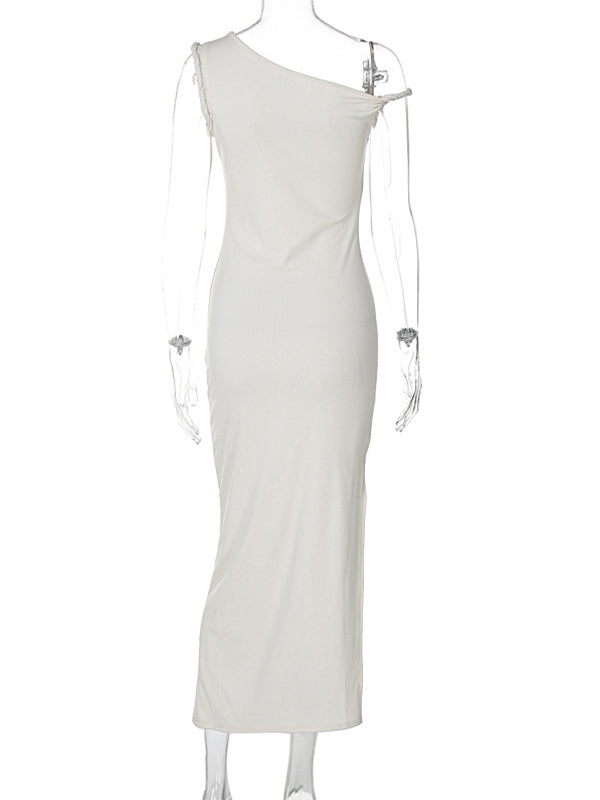 Momsmood Apricot Irregular Side Slit Asymmetric Shoulder Bodycon Elegant Babyshower Dress Photoshoot Maternity Maxi Dress
