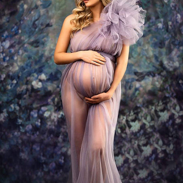 Momsmood Solid Color Tulle Tutu One Shoulder Robe Mesh Ruffle Sheer Sashes Grenadine Photoshoot Maxi Dress