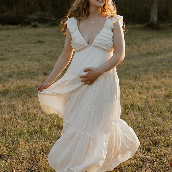 Momsmood Solid Color Ruffle Backless High Waist V-Neck Vacation Gown Photoshoot Maternity Maxi Dress