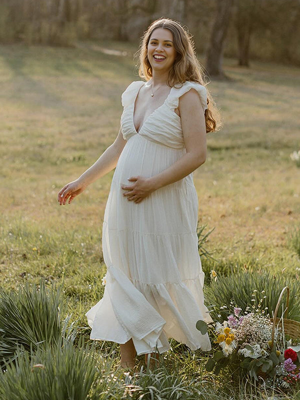 Momsmood Solid Color Ruffle Backless High Waist V-Neck Vacation Gown Photoshoot Maternity Maxi Dress