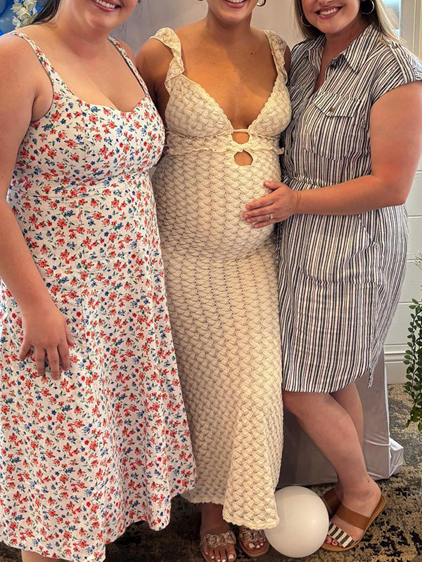 Momsmood Apricot Cut Out Knitwear Ruffle Backless Tie Back Cocktail Party Gown V-Neck Mermaid Bodycon Elegant Babyshower Dress Photoshoot Maternity Maxi Dress