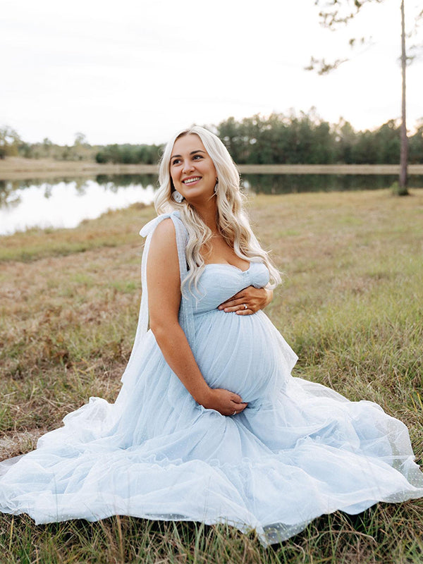 Momsmood Solid Color Tulle Spaghetti Strap Backless Ruffle Lace-up Grenadine Photoshoot Gown Baby Shower Maternity Maxi Dress