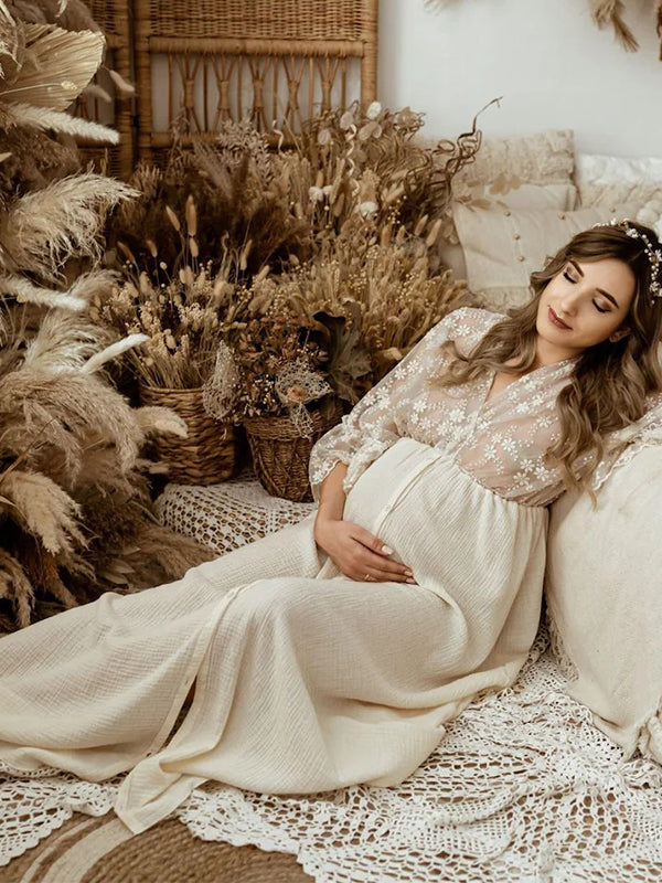 Momsmood Apriot Lace Splicing Front Split V-Neck Flare Sleeve High Waist Elegant Photoshoot Maternity Maxi Dress