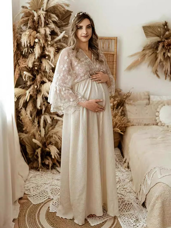 Momsmood Apriot Lace Splicing Front Split V-Neck Flare Sleeve High Waist Elegant Photoshoot Maternity Maxi Dress