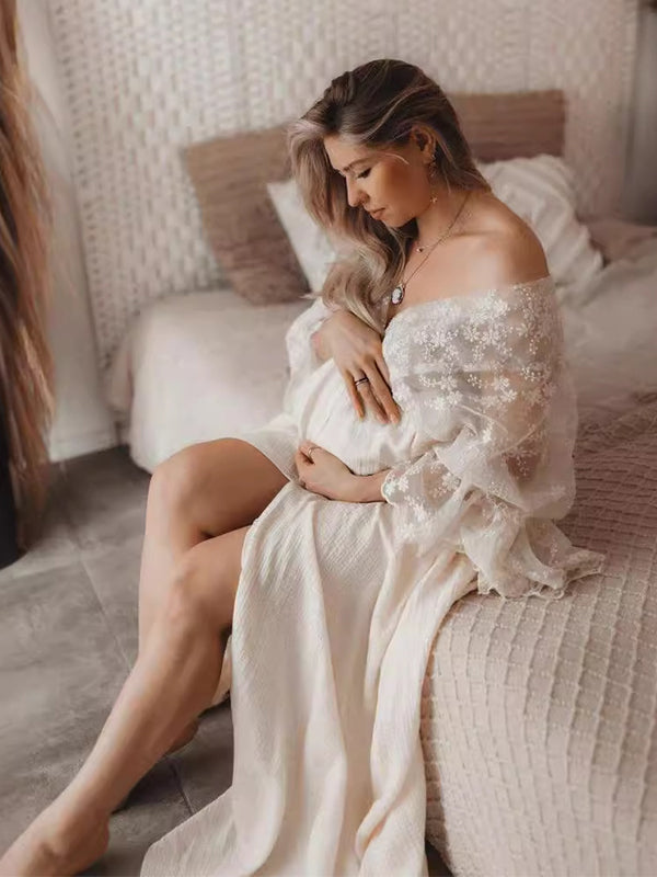Momsmood Apriot Lace Splicing Front Split V-Neck Flare Sleeve High Waist Elegant Photoshoot Maternity Maxi Dress