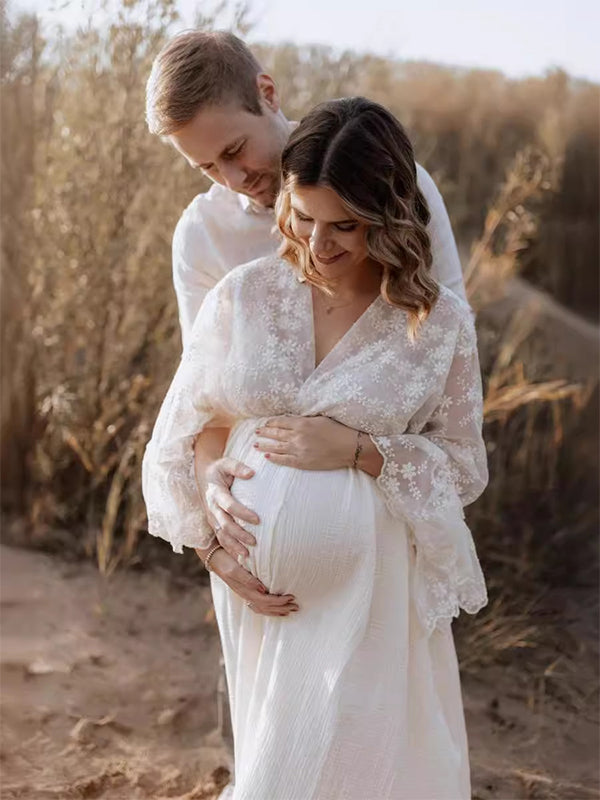 Momsmood Apriot Lace Splicing Front Split V-Neck Flare Sleeve High Waist Elegant Photoshoot Maternity Maxi Dress