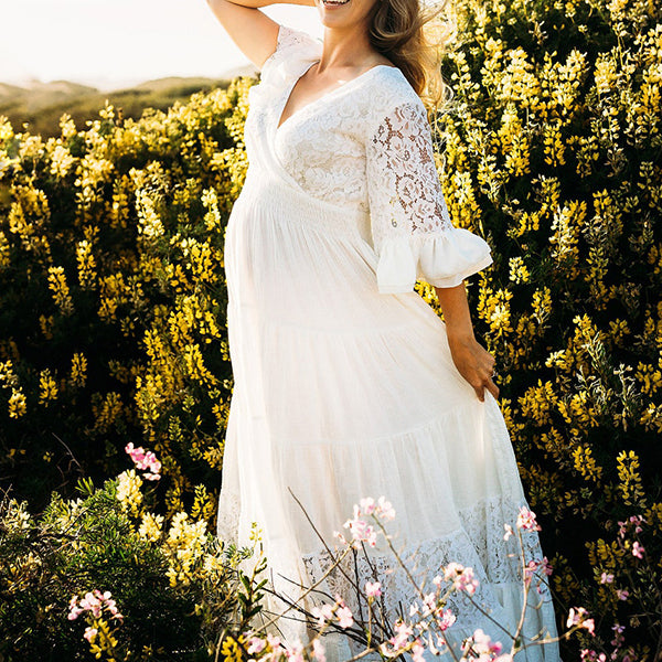 Momsmood Solid Color Lace Splicing Chiffon High Waist V-Neck Ruffle High Waist Elegant Photoshoot Maternity Maxi Dress