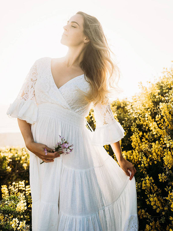 Momsmood Solid Color Lace Splicing Chiffon High Waist V-Neck Ruffle High Waist Elegant Photoshoot Maternity Maxi Dress