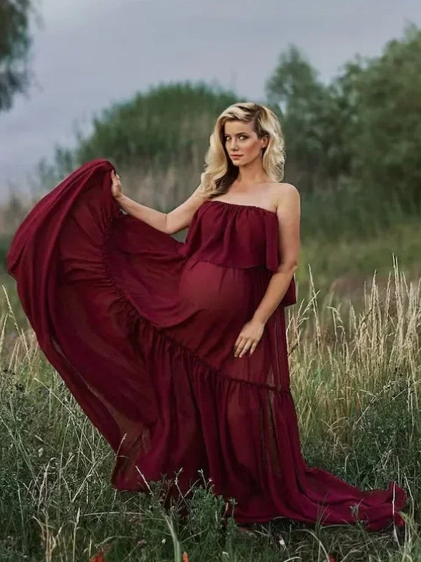 Momsmood Solid Color Off Shoulder Chiffon Crop Side Slit Ruffle Two Pieces High Waist Elegant Boho Gown Photoshoot Maternity Maxi Dress