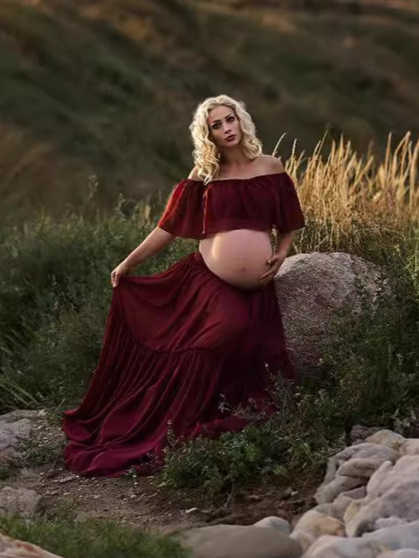 Momsmood Solid Color Off Shoulder Chiffon Crop Side Slit Ruffle Two Pieces High Waist Elegant Boho Gown Photoshoot Maternity Maxi Dress