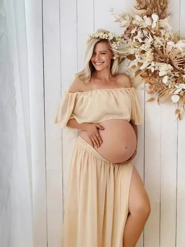 Momsmood Solid Color Off Shoulder Chiffon Crop Side Slit Ruffle Two Pieces High Waist Elegant Boho Gown Photoshoot Maternity Maxi Dress