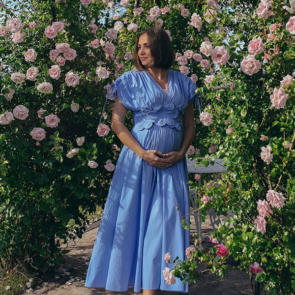 Momsmood Blue 3D Flowers Fleated Drawstring Big Swing Deep V-neck Elegant Holiday Vacation Maternity Photoshoot Baby Shower Maxi Dress