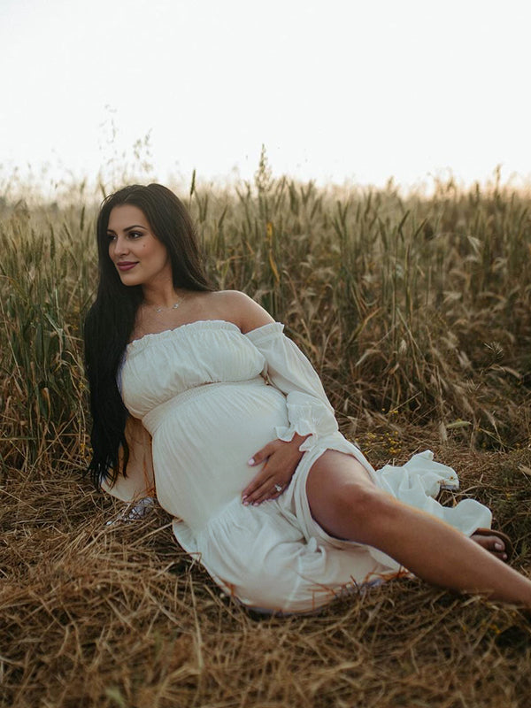 Momsmood Flowy Off Shoulder Ruffle Falbala Side Slit Big Swing Lantern Sleeve Elegant Holiday Vacation Boho Maternity Photoshoot Baby Shower Maxi Dress
