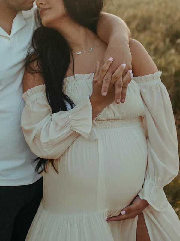 Momsmood Flowy Off Shoulder Ruffle Falbala Side Slit Big Swing Lantern Sleeve Elegant Holiday Vacation Boho Maternity Photoshoot Baby Shower Maxi Dress