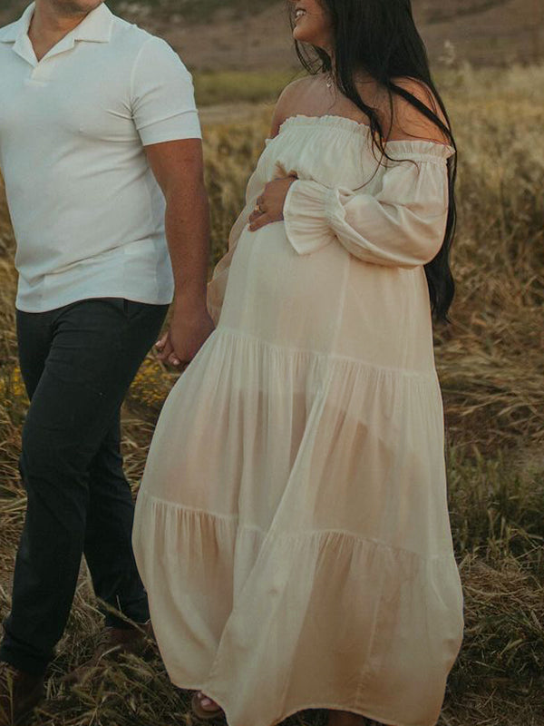 Momsmood Flowy Off Shoulder Ruffle Falbala Side Slit Big Swing Lantern Sleeve Elegant Holiday Vacation Boho Maternity Photoshoot Baby Shower Maxi Dress