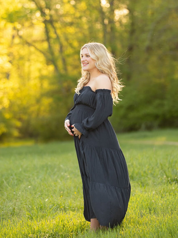 Momsmood Flowy Off Shoulder Ruffle Falbala Side Slit Big Swing Lantern Sleeve Elegant Holiday Vacation Boho Maternity Photoshoot Baby Shower Maxi Dress