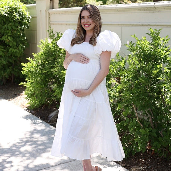 Momsmood White Smocked Square Neck Puff Sleeve Off Soulder Big Swing Elegant Holiday Vacation Boho Maternity Photoshoot Baby Shower Maxi Dress