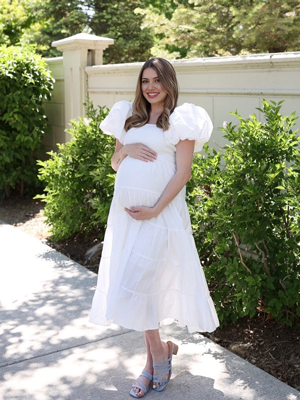 Momsmood White Smocked Square Neck Puff Sleeve Off Soulder Big Swing Elegant Holiday Vacation Boho Maternity Photoshoot Baby Shower Maxi Dress