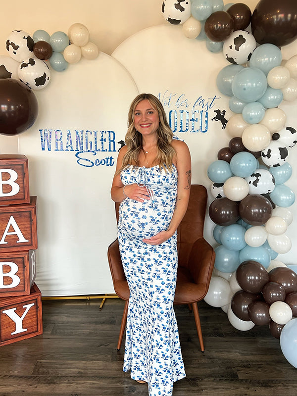 Momsmood Floral Multi Way Lace-up Ruched Sling Bodycon Cami Chic Going Out Party Boho Maternity Photoshoot Baby Shower Maxi Dress