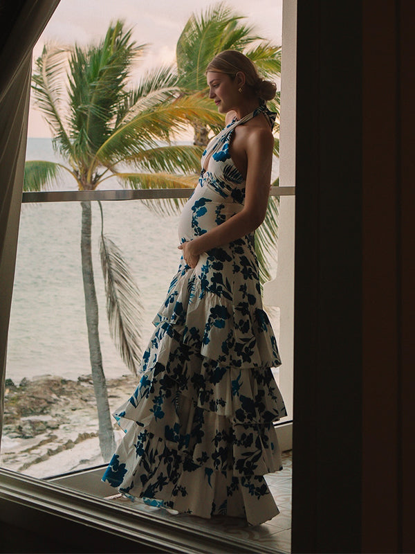 Momsmood Blue Floral Cake Ruffle Tie Flowy Halter Neck Elegant Vacation Photoshoot Baby Shower Maternity Maxi Dress
