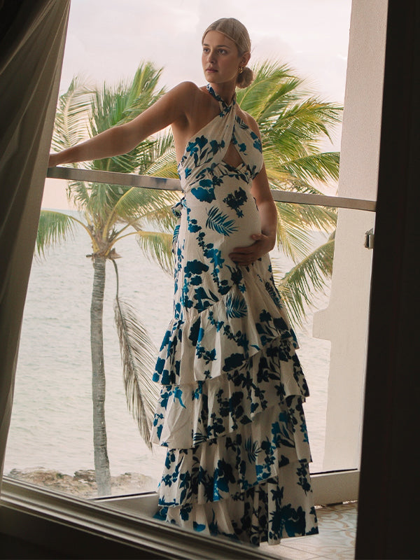 Momsmood Blue Floral Cake Ruffle Tie Flowy Halter Neck Elegant Vacation Photoshoot Baby Shower Maternity Maxi Dress