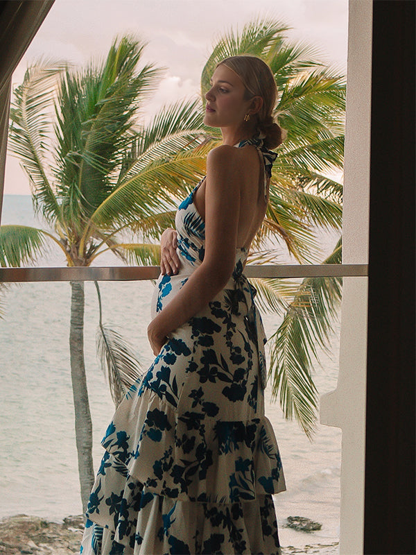 Momsmood Blue Floral Cake Ruffle Tie Flowy Halter Neck Elegant Vacation Photoshoot Baby Shower Maternity Maxi Dress