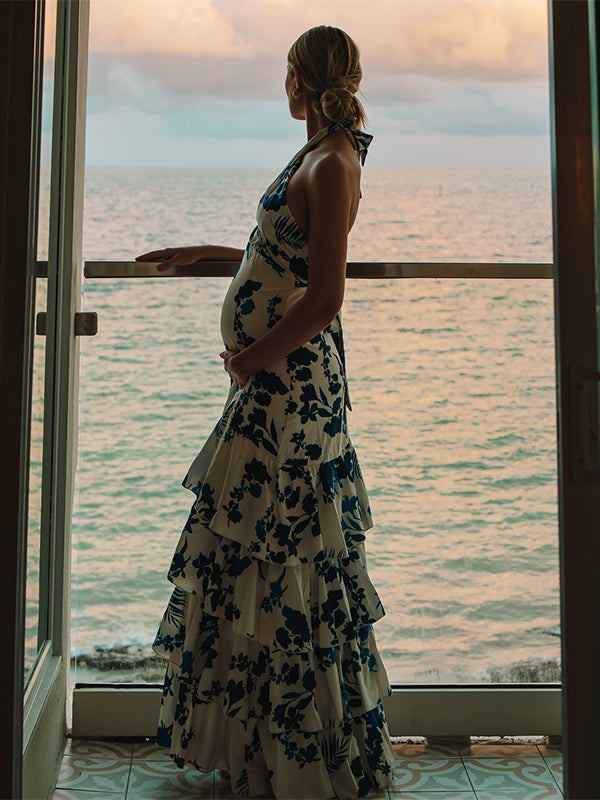 Momsmood Blue Floral Cake Ruffle Tie Flowy Halter Neck Elegant Vacation Photoshoot Baby Shower Maternity Maxi Dress