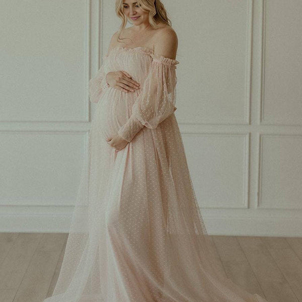 Momsmood Off Shoulder Tulle Polka Dot Elegant Photoshoot Maternity Maxi Dress