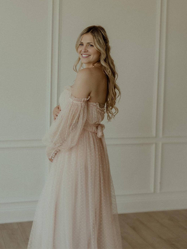 Momsmood Off Shoulder Tulle Polka Dot Elegant Photoshoot Maternity Maxi Dress