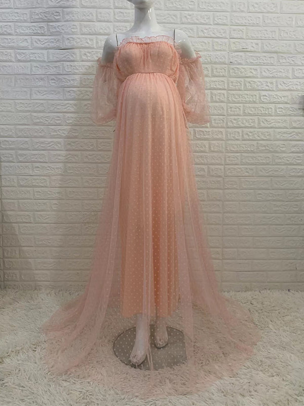 Momsmood Off Shoulder Tulle Polka Dot Elegant Photoshoot Maternity Maxi Dress